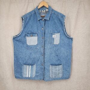 Vintage Denim Vest with Utility Pockets Stripes Plaid Plus Size